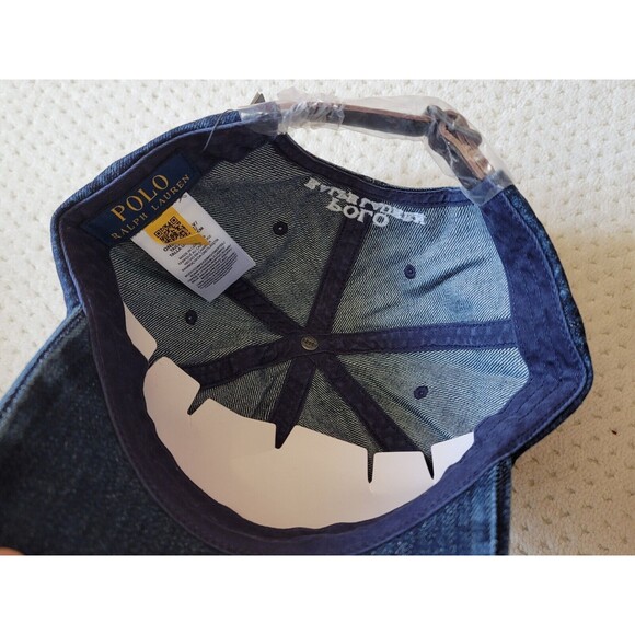 Polo Ralph Lauren BEAR Dark Wash Denim Blue Leather Strapback Baseball H… - Picture 7 of 7